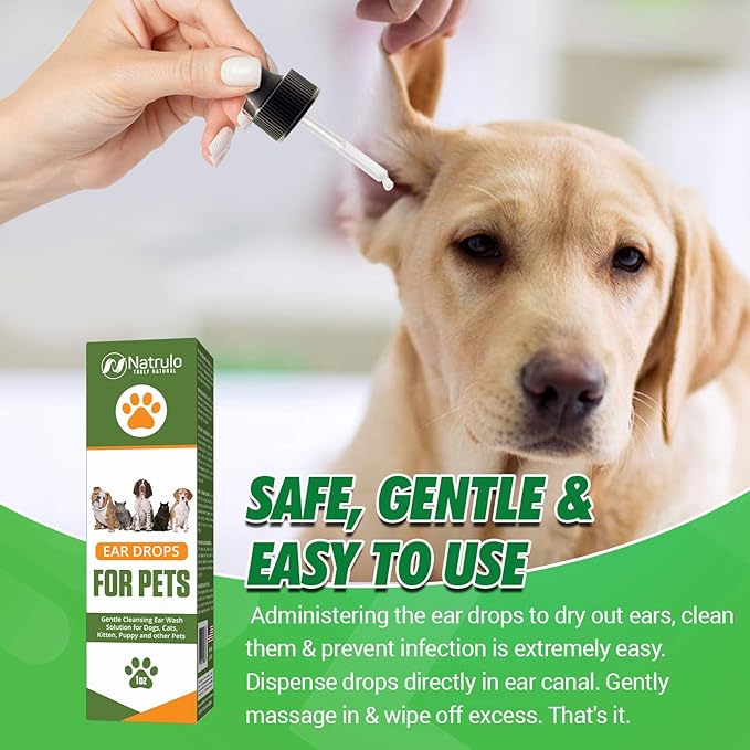 Natural Ear Cleaner for Dogs, Cats, Kitten, Puppy – Gentle Cleansing Ear Wash Solution Mite Infection & Yeast Treatment for Pets – Drying, Healing Medicinal Ear Cleaning Drops Made in USA