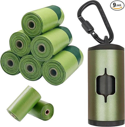 Metal Dog Poop Bags Holder Aluminum Poo Bags Dispenser with Pet Waste Bags 3 Leash Clasp and Elastic Rope for Used Bags(1 Holder 135 Bags,Dark Green)