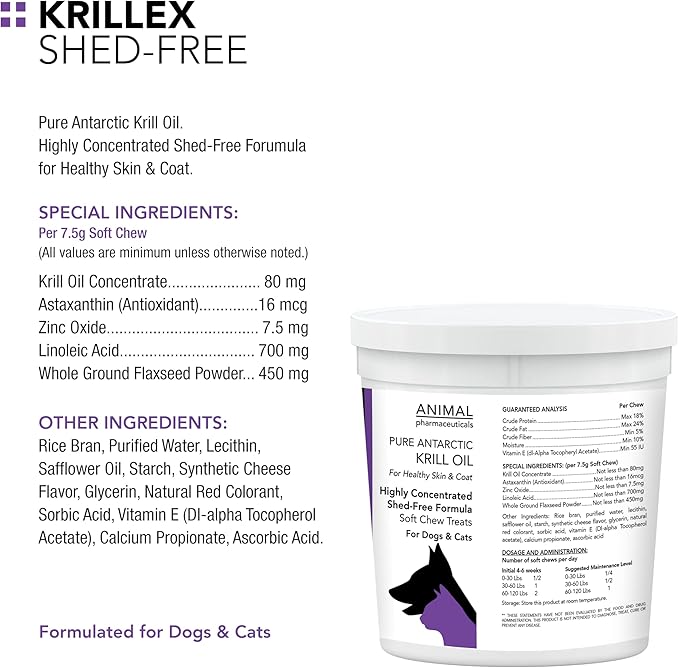 Krillex Shed-Free Chews - Shedding Support Krill Oil for Dogs & Cats - Skin and Coat Omega 3 Supplement for Dogs - 60 ct