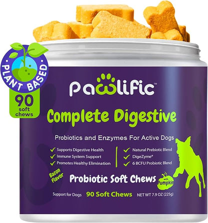 Probiotics and Digestive Enzymes for Dogs - Gut Flora, Digestive Health, Diarrhea & Bowel Support - Functional Dog Supplement Soft Chews for Immune System Boost with Pumpkin
