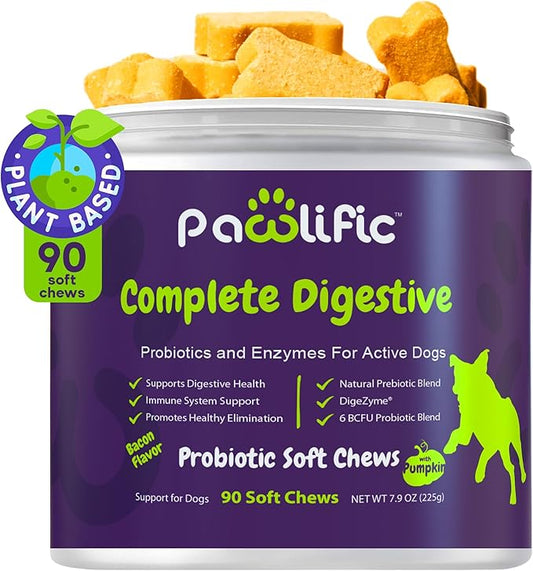 Probiotics and Digestive Enzymes for Dogs - Gut Flora, Digestive Health, Diarrhea & Bowel Support - Functional Dog Supplement Soft Chews for Immune System Boost with Pumpkin