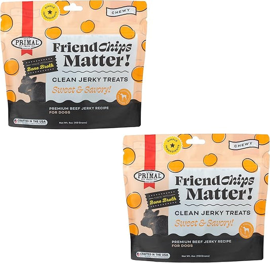 Primal Beef Jerky Dog Treats Made with Beef Bone Broth for Dogs, FriendChips Matter Chewy Dog Treat, 4 oz (Pack of 2)