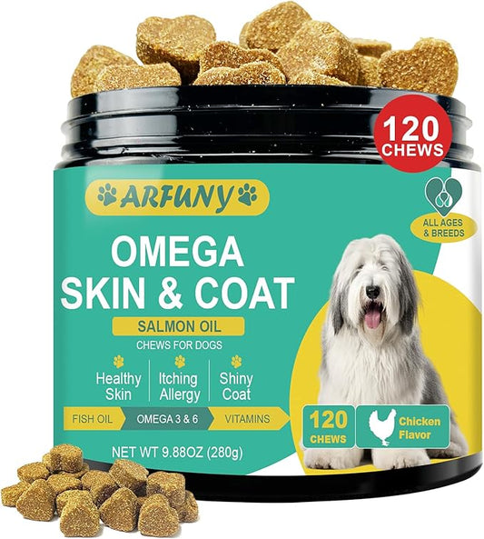 Skin and Coat Chews for Dogs - Omega 3 Supplement for Dogs with EPA & DHA Fatty Acids- Fish Oil Chews for Dogs with Salmon Oil & Vitamins - Dog Itchy, Dry & Shedding Skin Relief- Chicken, 120 Chews