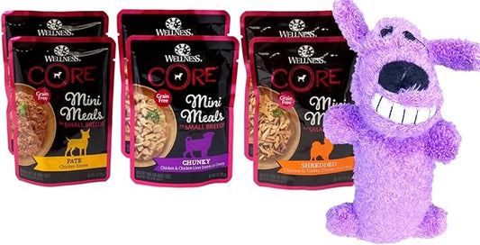 Wellness CORE Mini Meals Grain Free Small Breed Dog Wet Food 3 Flavor 6 Pouch Sampler, 2 Each: Chicken Pate, Chunky Chicken and Liver, Shredded Chicken Turkey (3 Ounces) Plus Toy Bundle