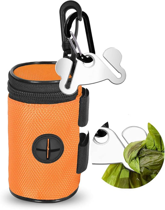 Dog Poop Bag Holder for Leash Attachment - Waste Bag Dispenser for Leash - Fits Any Dog Leash - Portable Set with Hand Free Holder Metal Carrier, Round Shape, Orange