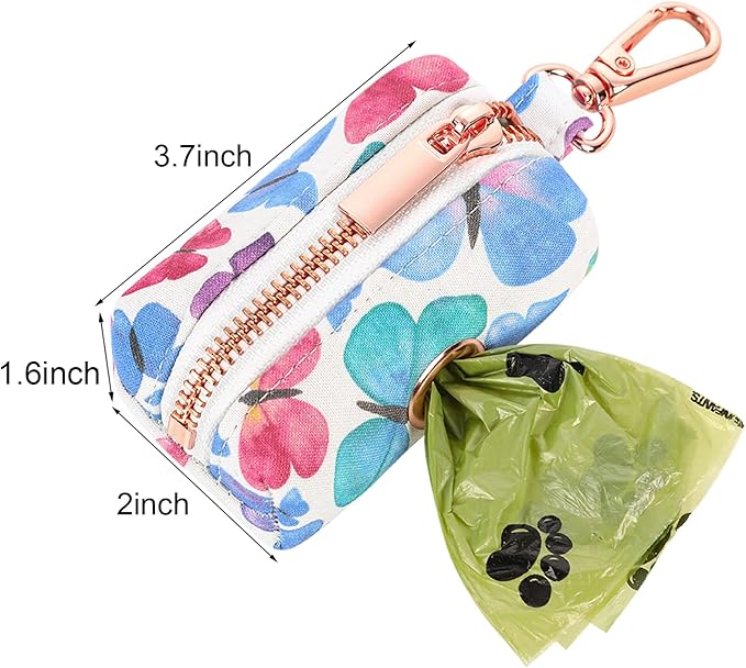 ARING PET Dog Waste Bag Dispenser, Cotton Doggy Poop Bags Holders Attach to Any Leashes, Portable Washable Butterfly Pattern Pet Waste Pouch Dispenser with Metal Zipper