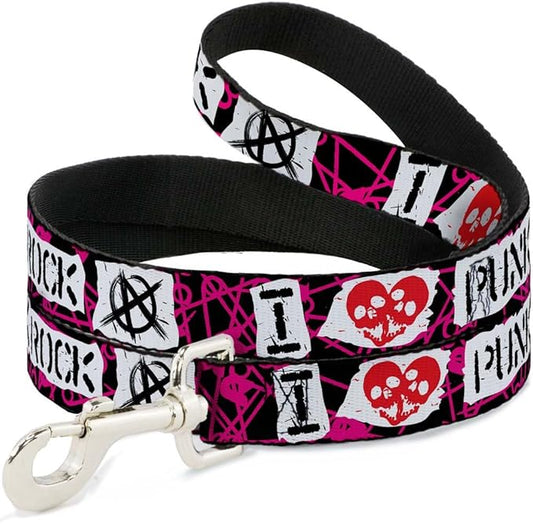 Dog Leash I Heart Punk Rock Safety Pins Black Fuchsia White 6 Feet Long 1.0 Inch Wide