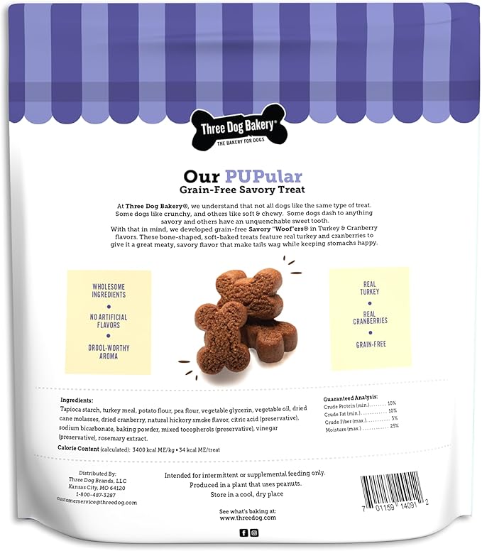 Three Dog Bakery Soft Baked Grain Free Meaty Woofers, Turkey and Cranberry Flavor, Premium Treats for Dogs, Brown, 25 oz
