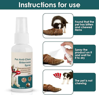 No Chew Spray for Dogs, 50ML. Bitter Apple Spray for Dogs to Stop Chewing. Dog Training & Behavior Aids. Effective Anti-Scratch Furniture Protector. Anti Chew Spray for Dogs. Indoor Outdoor Use.