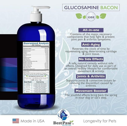 Best Paw Nutrition - Bacon Flavor Liquid Glucosamine for Dogs & Cats - Joint Supplement for Hip & Joint Pain Relief Pets Love - 32oz
