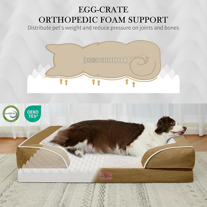 XXL Orthopedic Dog Bed, Waterproof Dog Beds for Extra Large Dogs, Washable Dog Bed Sofa Pet Bed with Removable Cover & Non-Slip Bottom(XX-large,Khaki)