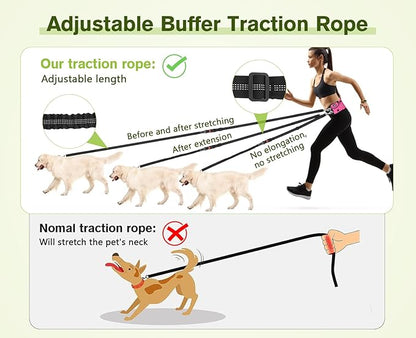 Pecute Hands Free Dog Leash with Pouch, Waist Belt Fanny Pack with Soft Pads, Dual Padded Handles, and Durable Bungee for Walking, Hiking, Jogging Biking, and Running (Up to 220lbs) Pink