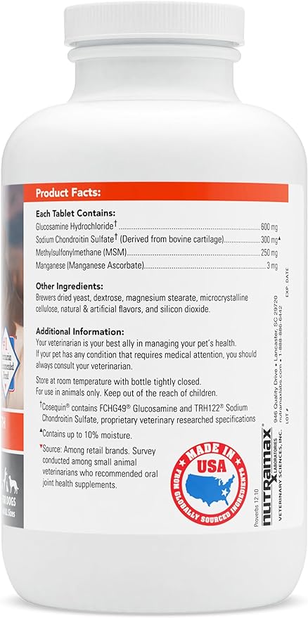 Nutramax Laboratories Cosequin Maximum Strength Joint Health Supplement for Dogs - With Glucosamine, Chondroitin, and MSM, 250 Chewable Tablets