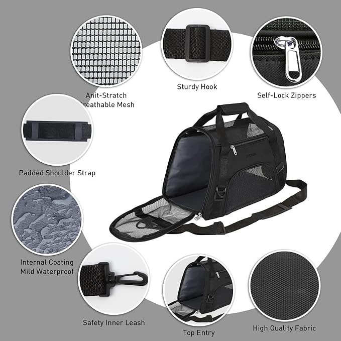 JMOON Cat Carrier Soft-Sided Airline Approved Pet Carrier Bag,Pet Travel Carrier for Cats,Dogs Puppy Comfort Portable Foldable Pet Bag (Medium, Black)