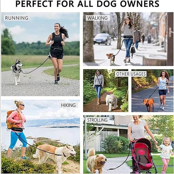 Hands Free Dog Leash with Pouch,Adjustable Waist Belt Fanny Pack Dual-Handle Reflective Bungee Leash for Medium to Large Dogs for Running Walking Training Jogging,Red