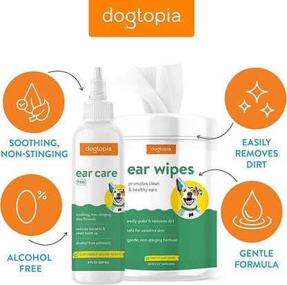 Ear Wipes and Ear Care Pro Solution for Pets | Gentle Ear Wipes (160 count) and Ear Care Solution (8oz) for Dogs and Cats | Non-Stinging Ear Duo