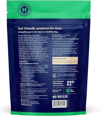 Honest Paws Probiotics for Dogs - Dog Digestion Gut Health Probiotic Powder with Prebiotic Made in The USA, Digestive and Immune Support - Digestive Enzymes with Pumpkin Flavor (30 Sticks)