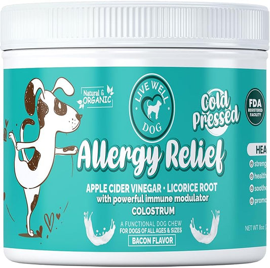 Allergy Relief Soft Chews for Dogs - Anti Itch Supplement - Apple Cider Vinegar, Licorice Root, Valerian Root, and Colostrum - Soft Chews for Skin & Seasonal Allergies - 120 Count
