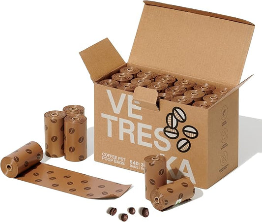 VETRESKA Dog Poop Bags, Coffee Scented Waste Bags, Leak Proof, Extra Thick and Large Dog Pet Bags for Dogs and Cats - 540 Count Bags (36 Refill Rolls)