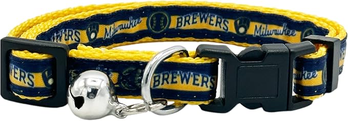 MLB CAT Collar Milwaukee Brewers Satin Cat Collar Baseball Team Collar for Dogs & Cats. A Shiny & Colorful Cat Collar with Ringing Bell Pendant