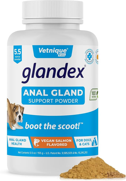 Glandex Dog Fiber Supplement Powder for Anal Glands with Pumpkin, Digestive Enzymes & Probiotics - Vet Recommended Healthy Bowels and Digestion - Boot The Scoot (Vegan Salmon, 5.5oz Powder)