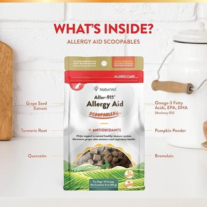 NaturVet Scoopables Aller-911 Dog Allergy Support Vitamins - Supports Immunity & Seasonal Allergies in Dogs - Hickory Smoked Bacon Flavored Pet Health Supplement | 11oz Bag