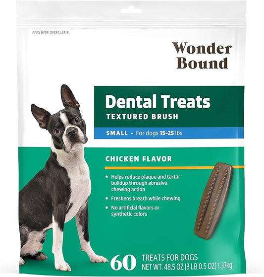Amazon Brand - Wonder Bound Dog Dental Treats for Small Dogs (15-25 lbs), Real Chicken Flavor, Nubbed Texture for Plaque & Tartar Control, Freshens Breath While Chewing, 60 Count