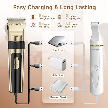 Dog Hair Clippers for Grooming Kit and Dog Paw Trimmer for Grooming, Low Noise Rechargeable Cordless, Shaver Grooming Supplies for Pet Cats Dogs (Gold, White)