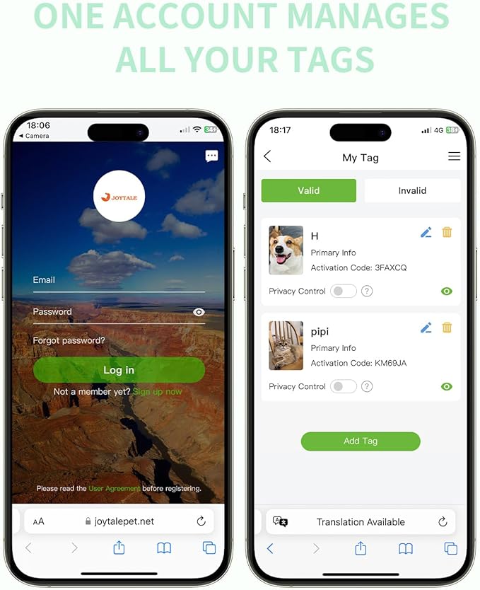 Joytale [ NO APP Required ] Silent Silicone QR Code Dog Tag, Slide On Dog Tags for 1 Inch Wide Collars or Vest, NFC Pet Online Profile, Scan QR to Send Location Alert Email, Teal, M