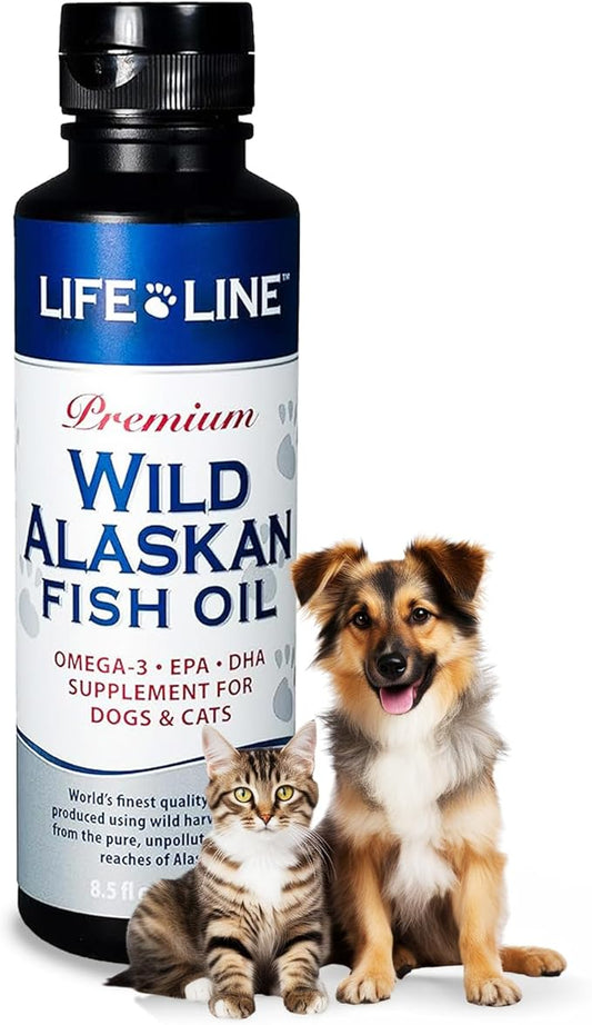 Life Line Pet Nutrition Wild Alaskan Fish Oil Omega-3 Supplement for Skin & Coat – Supports Brain, Eye & Heart Health in Dogs & Cats, 8.5oz