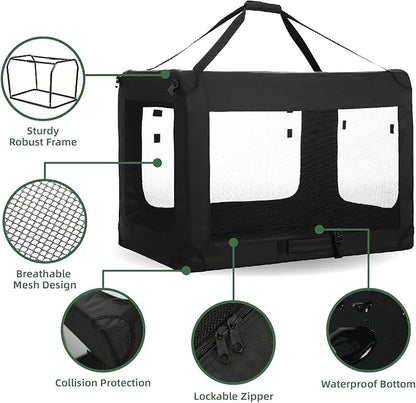 27 inch 3-Door Collapsible Dog Crate for Medium Dogs, Portable Dog Travel Crate for Indoor & Outdoor, Soft Side Pet Foldable Kennel Cage with Durable Mesh Windows & Strong Steel Frame