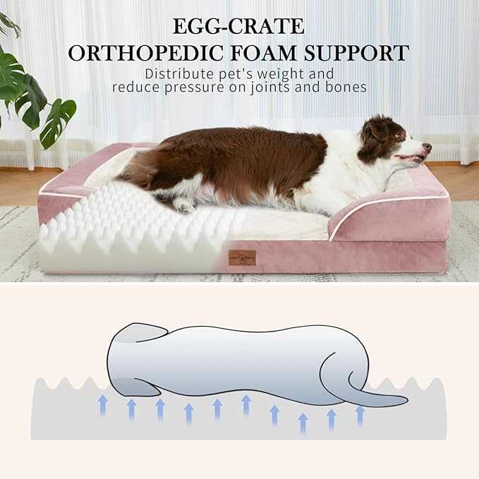 Waterproof Orthopedic Foam Dog Beds XL Dog Bed, Extra Large Dogs with Bolster, Washable Dog Bed Sofa Pet Bed with Removable Cover & Non-Slip Bottom(X-large,Pink)