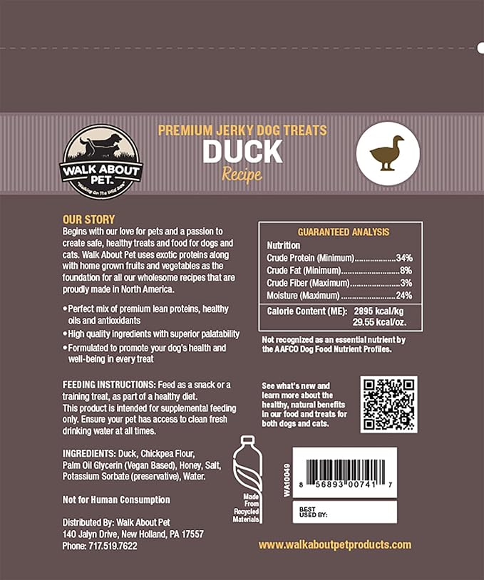 WA10049, Dog Jerky Treats, Grain-Free, Gluten-Free, Single Source Protein, Duck Recipe, Resealable Pouch, 5.5 Ounces
