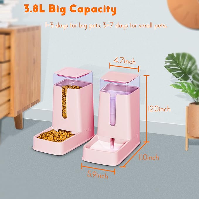 Automatic Cat Feeder and Dog Water Dispenser Set, 1 Gallon Capacity, Plastic, Pink, Suitable for Small to Big Pets