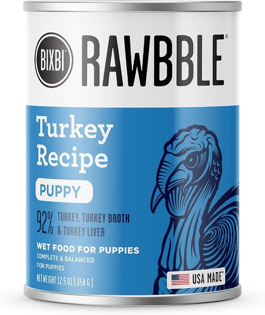 BIXBI Rawbble Grain-Free Canned Wet Dog Food for Puppies, Turkey Recipe, 12.5 oz. Cans (Pack of 12)