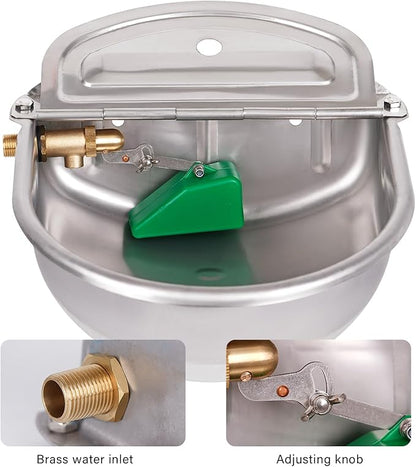 1 Gal Extra Large Automatic Horse Waterer Stainless Steel Dog Water Bowl Dispenser with Brass Float Valve Auto Fill Livestock Water Trough for Dogs Chicken Farm Animal