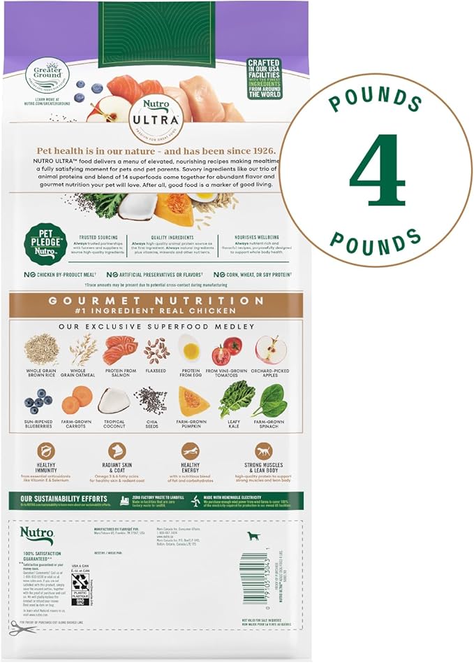 Nutro Ultra Adult High Protein Natural Dry Dog Food with a Trio of Proteins from Chicken, Lamb and Salmon, 4 lb. Bag