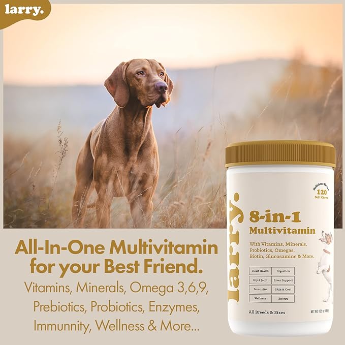 8-in-1 Multivitamin Dog Supplement by Larry | Heart, Digestion, Liver, Skin, Coat, & Joint Support Supplement for Dogs | with Vitamins, Minerals, Omegas, & Glucosamine Chondroitin | 120 Soft Chews