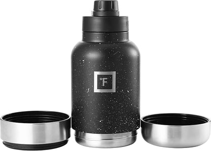 IRON °FLASK Portable Dog Water Bottle & Bowl - All-in-One Travel Accessories Pet Food & Liquids for Car, Hiking, Camping - Leak-Proof, Double Walled, Insulated - 32 oz, 2 Dog Bowls - Black Speckle