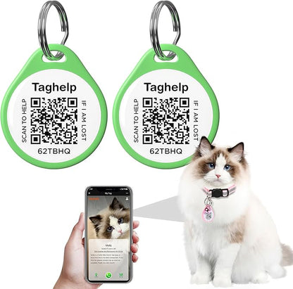 (2 Pack) Taghelp Personalized Pet ID Tags Dog cat Tags - QR Code ID Tags - Pet Online Profile - Send Pet Location Alert Email When Scanning(Green & Green, for cat - 1")