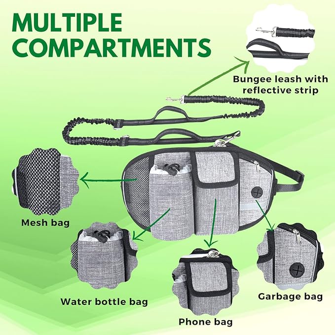 Waist Leash for Dog Walking - Hands Free Dog Leash with Multi Pouches, Wide Back Support Belt Bungee Dog Leash, Dog Waist Belt Leash for Walking, Running, Hiking, Training (Gray)