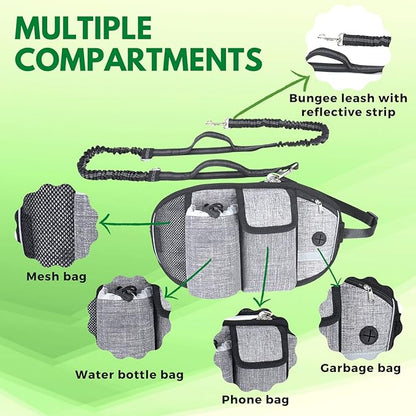 Waist Leash for Dog Walking - Hands Free Dog Leash with Multi Pouches, Wide Back Support Belt Bungee Dog Leash, Dog Waist Belt Leash for Walking, Running, Hiking, Training (Gray)