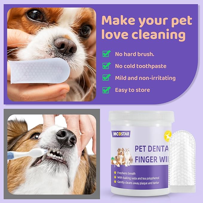 Dog Teeth Cleaning Wipes, Teeth Cleaning Finger Wipes for Dogs & Cats, Dog Dental Care Finger Wipes, Disposable Gentle Cleaning & Gum Care Pet Teeth Cleaning Wipes,Freshens Breath (60 Pcs)