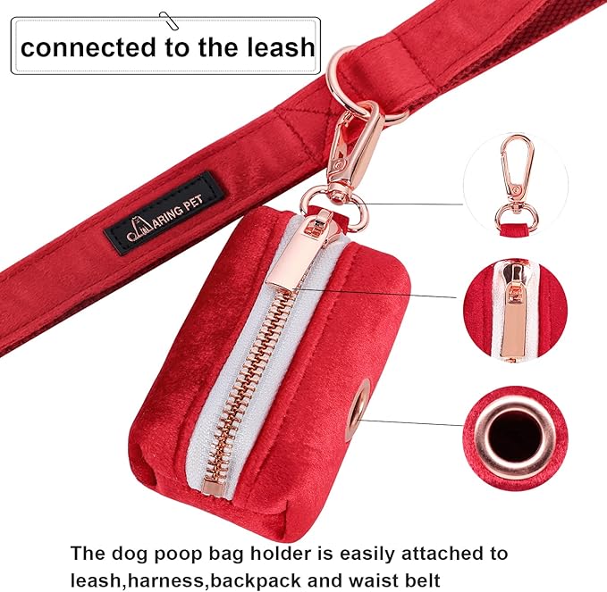 ARING PET Dog Waste Bag Dispenser, Soft Doggy Poop Bags Holders Attach to Any Leashes, Velvet Portable Washable Red Pet Waste Pouch Dispenser with Metal Zipper
