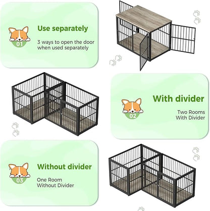 39'' L-Shaped Corner Dog Crate Furniture Large Breed with Double Rooms,Wooden Dog Crate End Table Indoor with Removable Divider for Small to Medium Dogs, Can Use Separately