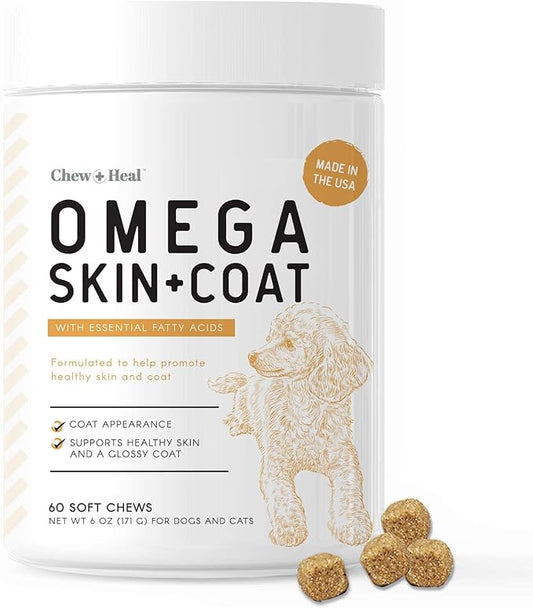 Salmon Oil for Dogs - 60 Soft Chew Omega Treats for Skin and Coat - Fish Oil Blend of Essential Fatty Acids, Omega 3 and 6, Vitamins, Antioxidants and Minerals - Made in USA