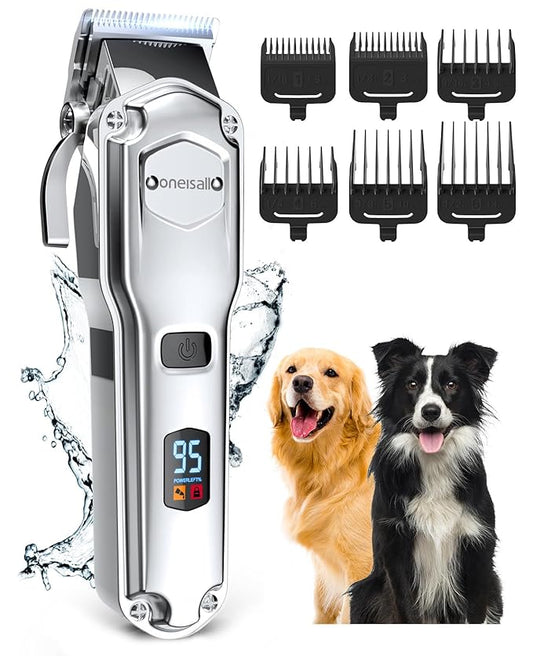 oneisall Dog Clippers for Grooming for Thick Heavy Coats/Low Noise Rechargeable Cordless Pet Shaver with Stainless Steel Blade/Waterproof Dog Shaver for Dogs Pets and Animals (Stainless Steel)