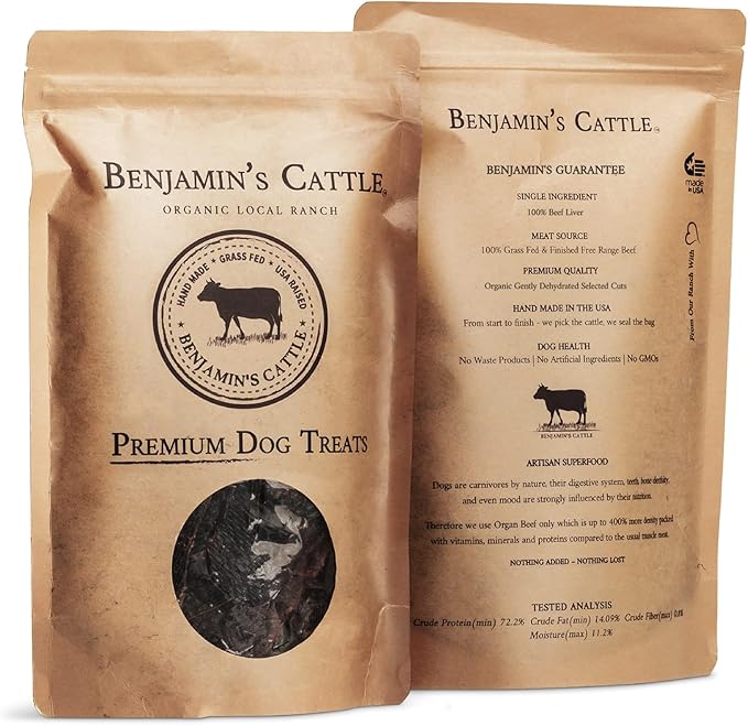 Benjamin's Cattle Single Ingredient - Organic Grass FED & Finished Beef Liver Dog Treats - Hand Made Artisan Dog Treats - Healty Dog Chews - Treats for Dogs Made in USA - Beef Jerky Dog Treat – 5oz