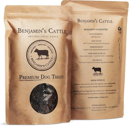 Benjamin's Cattle Single Ingredient - Organic Grass FED & Finished Beef Liver Dog Treats - Hand Made Artisan Dog Treats - Healty Dog Chews - Treats for Dogs Made in USA - Beef Jerky Dog Treat – 5oz
