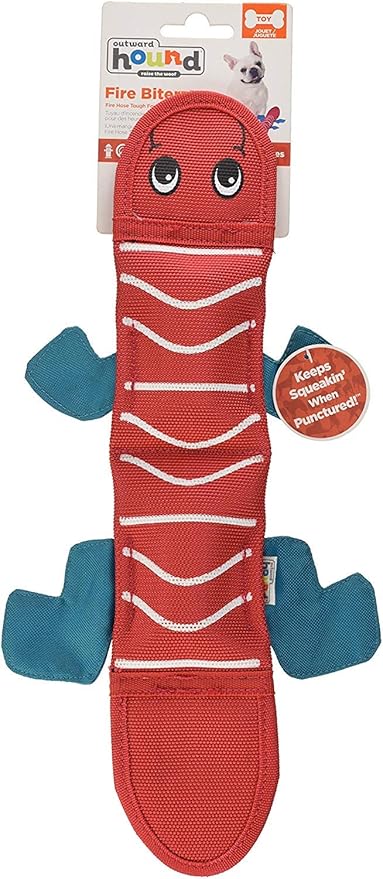 Outward Hound Fire Biterz Red Lizard Plush Firehose Material Interactive Dog Toy, Medium